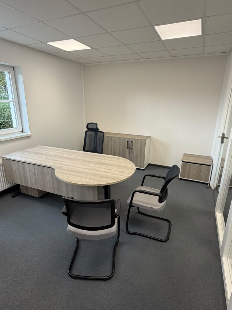 Geschwungener Schreibtisch in heller Holzoptik, Bürodrehstuhl mit Netzrücken, zwei Freischwinger-Besucherstühle und Sideboard